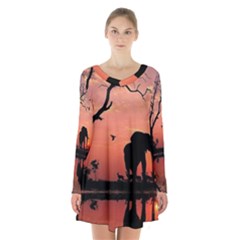 Elephant Landscape Tree Africa Sunset Safari Wild Long Sleeve Velvet V-neck Dress