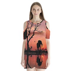 Elephant Landscape Tree Africa Sunset Safari Wild Shoulder Cutout Velvet One Piece by Jatiart