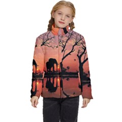 Elephant Landscape Tree Africa Sunset Safari Wild Kids  Puffer Bubble Jacket Coat by Jatiart