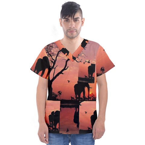 Elephant Landscape Tree Africa Sunset Safari Wild Men s V-neck Scrub Top by Jatiart