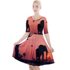 Elephant Landscape Tree Africa Sunset Safari Wild Quarter Sleeve A-line Dress by Jatiart