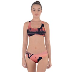 Elephant Landscape Tree Africa Sunset Safari Wild Criss Cross Bikini Set by Jatiart