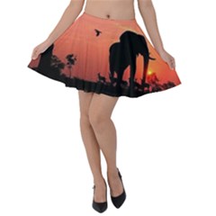 Elephant Landscape Tree Africa Sunset Safari Wild Velvet Skater Skirt