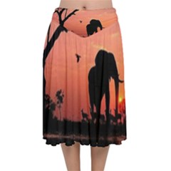 Elephant Landscape Tree Africa Sunset Safari Wild Velvet Flared Midi Skirt