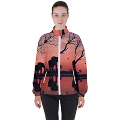 Elephant Landscape Tree Africa Sunset Safari Wild Women s High Neck Windbreaker by Jatiart