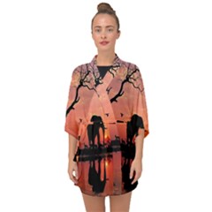 Elephant Landscape Tree Africa Sunset Safari Wild Half Sleeve Chiffon Kimono by Jatiart