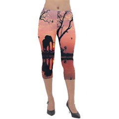 Elephant Landscape Tree Africa Sunset Safari Wild Lightweight Velour Capri Leggings  by Jatiart