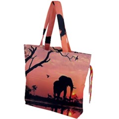 Elephant Landscape Tree Africa Sunset Safari Wild Drawstring Tote Bag by Jatiart