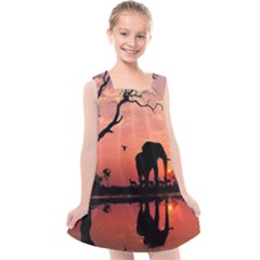 Elephant Landscape Tree Africa Sunset Safari Wild Kids  Cross Back Dress by Jatiart