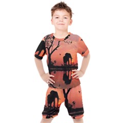 Elephant Landscape Tree Africa Sunset Safari Wild Kids  T-shirt And Shorts Set by Jatiart