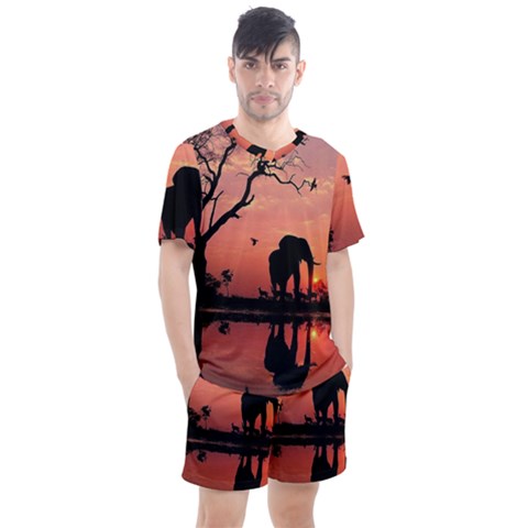 Elephant Landscape Tree Africa Sunset Safari Wild Men s Mesh T-shirt And Shorts Set by Jatiart