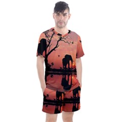 Elephant Landscape Tree Africa Sunset Safari Wild Men s Mesh T-shirt And Shorts Set