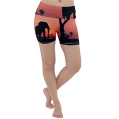 Elephant Landscape Tree Africa Sunset Safari Wild Lightweight Velour Yoga Shorts by Jatiart