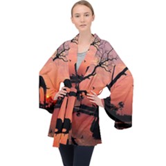 Elephant Landscape Tree Africa Sunset Safari Wild Long Sleeve Velvet Kimono  by Jatiart