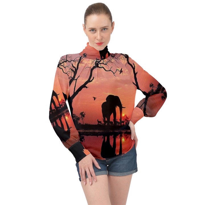 Elephant Landscape Tree Africa Sunset Safari Wild High Neck Long Sleeve Chiffon Top