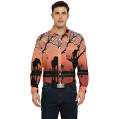 Elephant Landscape Tree Africa Sunset Safari Wild Men s Long Sleeve Pocket Shirt  by Jatiart