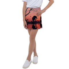 Elephant Landscape Tree Africa Sunset Safari Wild Kids  Tennis Skirt by Jatiart