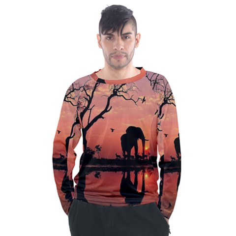 Elephant Landscape Tree Africa Sunset Safari Wild Men s Long Sleeve Raglan T-shirt by Jatiart