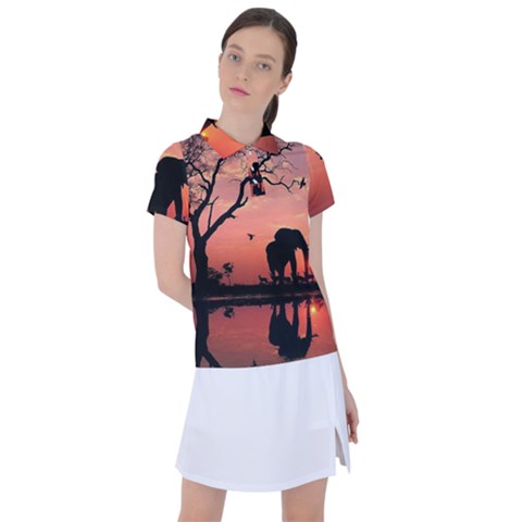 Elephant Landscape Tree Africa Sunset Safari Wild Women s Polo T-shirt by Jatiart