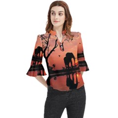 Elephant Landscape Tree Africa Sunset Safari Wild Loose Horn Sleeve Chiffon Blouse