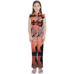 Elephant Landscape Tree Africa Sunset Safari Wild Kids  Sleeveless Ruffle Edge Band Collar Chiffon One Piece by Jatiart