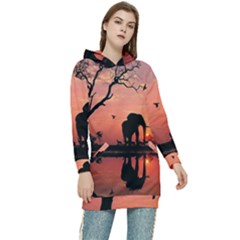 Elephant Landscape Tree Africa Sunset Safari Wild Women s Long Oversized Pullover Hoodie by Jatiart