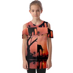 Elephant Landscape Tree Africa Sunset Safari Wild Fold Over Open Sleeve Top by Jatiart