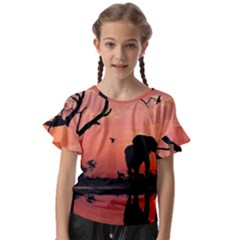 Elephant Landscape Tree Africa Sunset Safari Wild Kids  Cut Out Flutter Sleeves by Jatiart