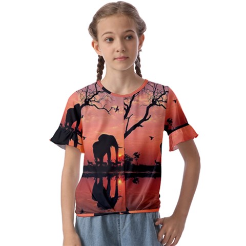 Elephant Landscape Tree Africa Sunset Safari Wild Kids  Cuff Sleeve Scrunch Bottom T-shirt by Jatiart