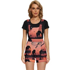 Elephant Landscape Tree Africa Sunset Safari Wild Short Overalls by Jatiart