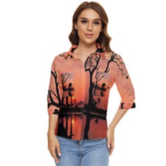 Elephant Landscape Tree Africa Sunset Safari Wild Women s Quarter Sleeve Pocket Shirt