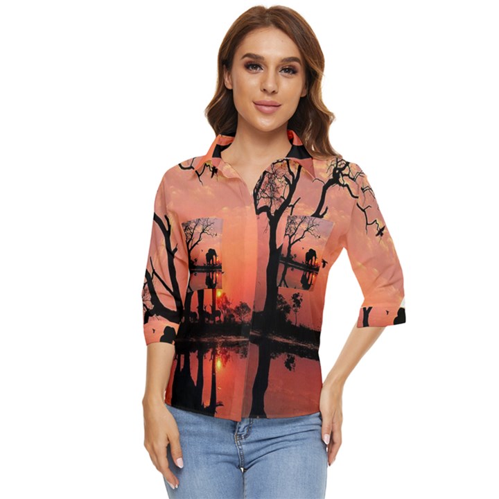 Elephant Landscape Tree Africa Sunset Safari Wild Women s Quarter Sleeve Pocket Shirt