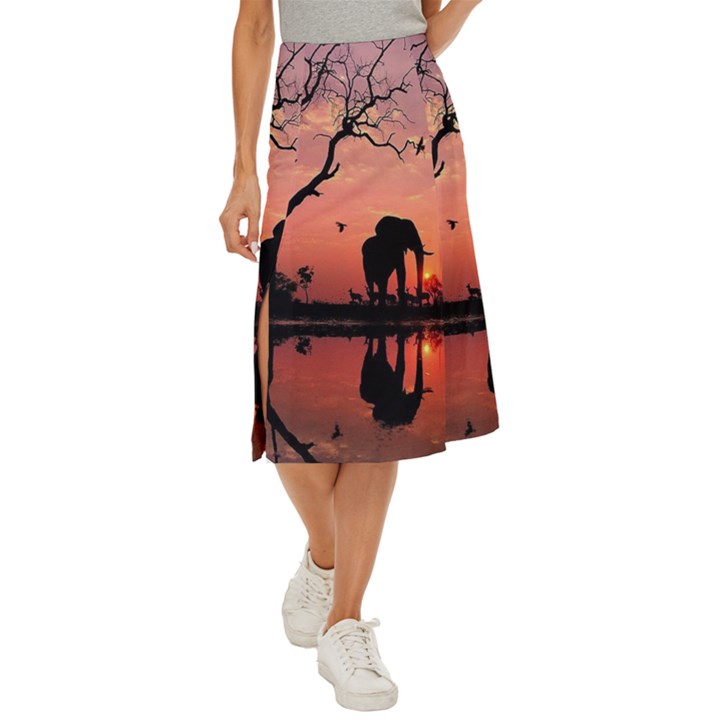 Elephant Landscape Tree Africa Sunset Safari Wild Midi Panel Skirt