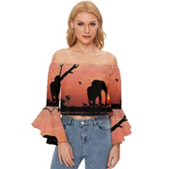 Elephant Landscape Tree Africa Sunset Safari Wild Off Shoulder Flutter Bell Sleeve Top by Jatiart