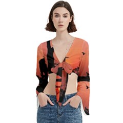 Elephant Landscape Tree Africa Sunset Safari Wild Trumpet Sleeve Cropped Top