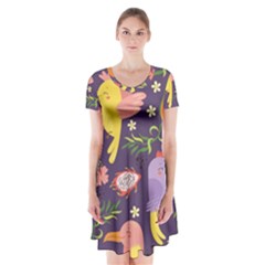 Exotic Seamless Pattern With Parrots Fruits Short Sleeve V-neck Flare Dress by Ravend