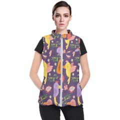 Exotic Seamless Pattern With Parrots Fruits Women s Puffer Vest by Ravend