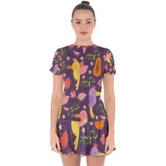 Exotic Seamless Pattern With Parrots Fruits Drop Hem Mini Chiffon Dress by Ravend