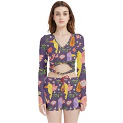 Exotic Seamless Pattern With Parrots Fruits Velvet Wrap Crop Top And Shorts Set by Ravend