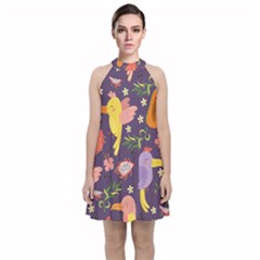 Exotic Seamless Pattern With Parrots Fruits Velvet Halter Neckline Dress  by Ravend