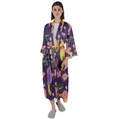 Exotic Seamless Pattern With Parrots Fruits Maxi Satin Kimono by Ravend