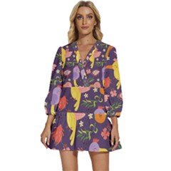 Exotic Seamless Pattern With Parrots Fruits V-neck Placket Mini Dress by Ravend