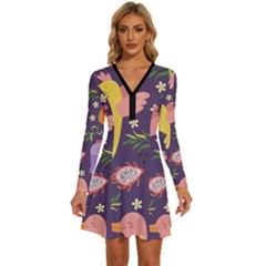 Exotic Seamless Pattern With Parrots Fruits Long Sleeve Deep V Mini Dress  by Ravend