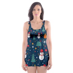 Snow Snowman Tree Christmas Tree Skater Dress Swimsuit by Ravend