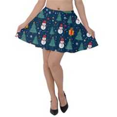 Snow Snowman Tree Christmas Tree Velvet Skater Skirt by Ravend