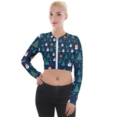 Snow Snowman Tree Christmas Tree Long Sleeve Cropped Velvet Jacket by Ravend