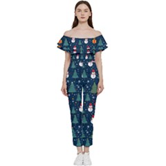 Snow Snowman Tree Christmas Tree Bardot Ruffle Jumpsuit by Ravend