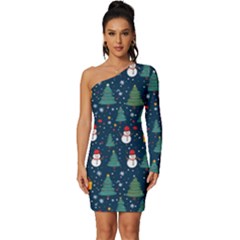 Snow Snowman Tree Christmas Tree Long Sleeve One Shoulder Mini Dress by Ravend