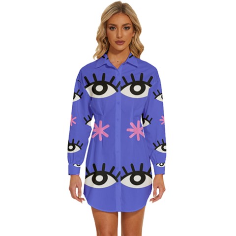 Eye Star Asterisk Pattern Background Womens Long Sleeve Shirt Dress by Ravend