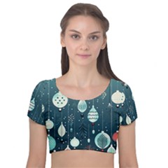 Ball Bauble Winter Velvet Short Sleeve Crop Top  by Ravend